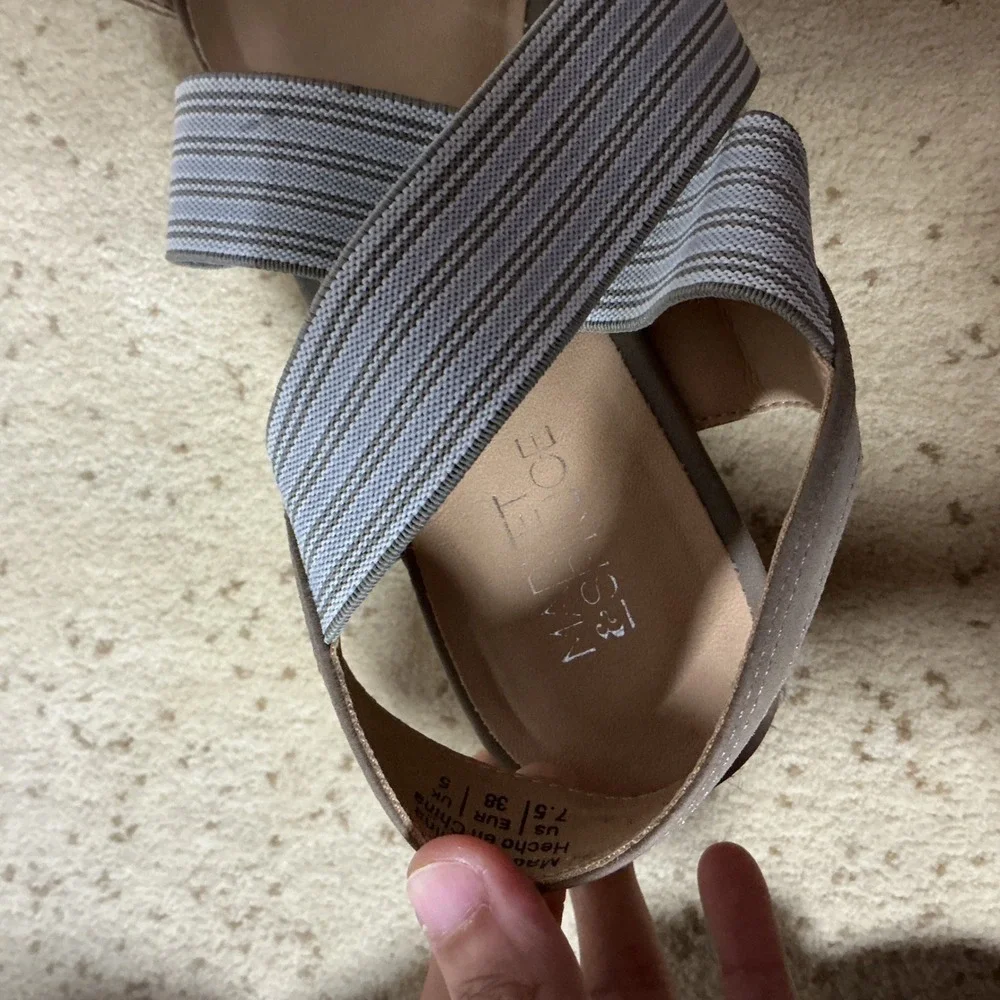 Market & Spruce Womens 7.5 Striped Elastic Espadrille Wedge Sandals Taupe Blue